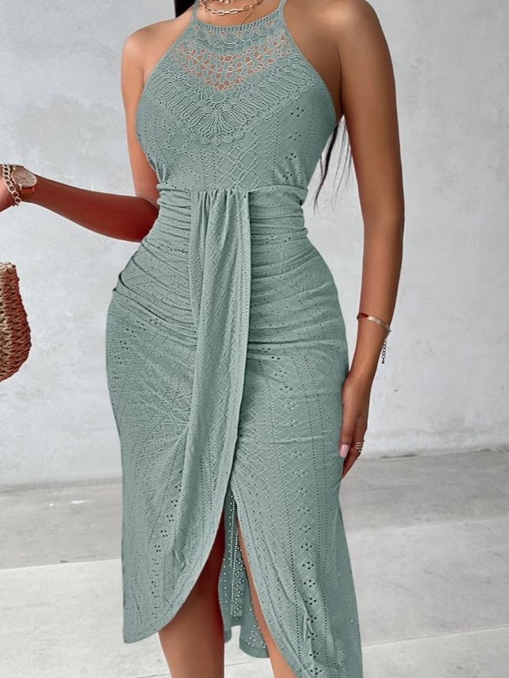 Halter Crochet Midi Dress in Sage Green